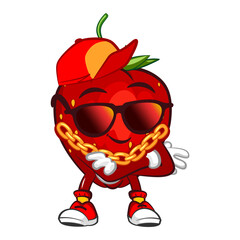 vector illustration of the mascot character of a hip-hop style strawberry with a hat, sunglasses and a gold chain necklace