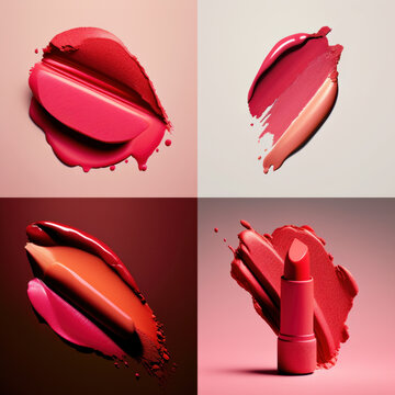 Set of four images with a lipstick and expressive lip paint stains on various textures. Cosmetology, beauty and makeup concept. Generative ai