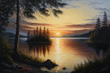a painting of a sunset over a lake, oil painting, art illustration 