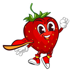 flying superhero strawberry character mascot vector