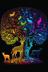 A stylized tree stands out on a black background. It is composed of colored leaves and animal silhouettes, offering a vibrant optical effect in neon colors. Generative AI
