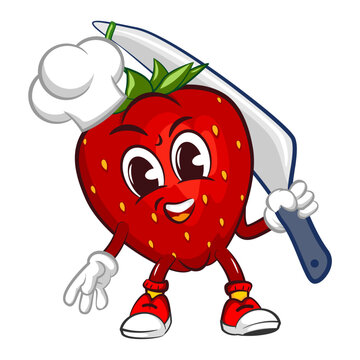 vector illustration of the mascot character of a strawberry chef carrying a dinner knife