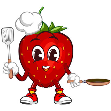vector illustration of the mascot character of a strawberry chef with a frying pan and a spatula