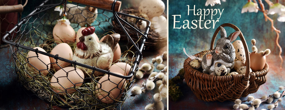 Easter banner with eggs and a hen in wire basket and bunny in wicker basket on grunge background with wishes text