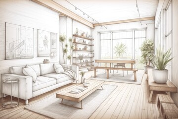 Modern timber living room and project sketch in white. Fabric couch, parquet floor, window, and decors. Japanese interiors. Generative AI