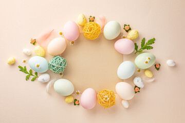 Easter eggs on a light pink background with a blank copy space for Easter