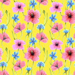 Seamless pattern of hand drawn poppy flowers and blue cornflowers. Drawn by markers illustration. Botanical hand painted floral elements on yellow background.