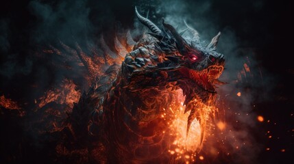 Giant Dragon breathes angry fire. Big explosion from enormous dragon in a black night. Epic battle against evil concept. Generative AI.