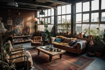 February 2, 2020, Eindhoven, Netherlands. Industrial city loft. Spacious, bohemian, contemporary, mix and match eclectic lifestyle with bright touches. Decorating ideas. Generative AI