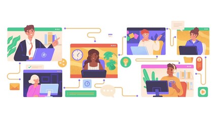 Team communication. Moving male and female remote employees in online meeting or remote video conference discuss workflow and tasks. Collaboration and project management. Flat graphic animated cartoon
