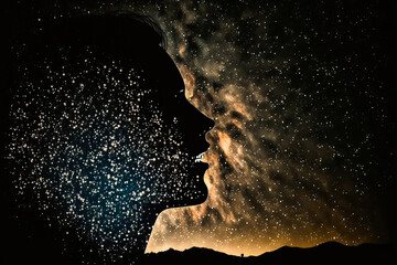 Obraz premium A silhouetted woman stands before a sky studded with stars, the Milky Way springs from her open mouth. An ideal setting to illustrate touching and poetic projects. Generative AI