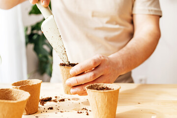 A man is sowing seeds in ecological peat cups. A man is shoveling soil for planting. Gardening as a hobby for the home