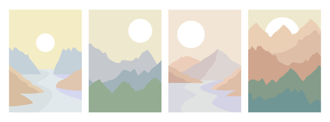 Minimalistic mountains lanscape with sun. Set of 4 A4 illustrations for banner, card, flyer.