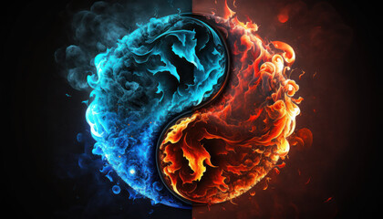  Yin-yang or Tai Chi symbol made of red and blue fire on black background created with generative AI technology