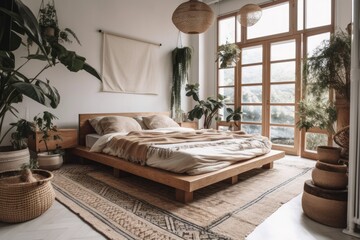 Modern bedroom with plants. Generative AI