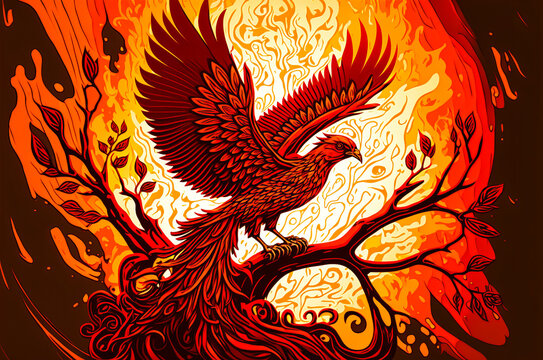 Stylized illustration of a phoenix bird rising from the ashes, in red and orange. Symbol of resilience and hope after a traumatic event. Generative AI