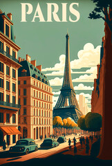 Old vintage poster of Paris, with its characteristic architecture and atmosphere of the city. Ideal for nostalgic and aesthetic projects. Title: Paris. Generative AI - obrazy, fototapety, plakaty