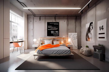 Bedroom with a blank wall frame decorated in a modern urban style