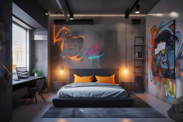 Bedroom with a blank wall frame decorated in a modern urban style