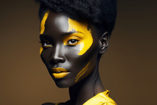 face art. an African-American woman with black and yellow paint on her face. african girl with colorful body painting. african american model with yellow makeup.generative ai