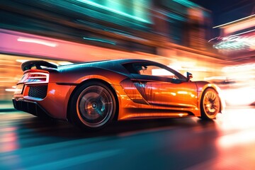 Fototapeta na wymiar an orange sports car driving down a city street at high speed with blurry lights on the street in the backround of the picture. generative ai