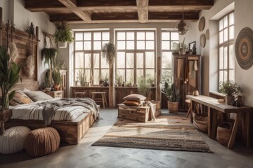 ethnically decorated rustic house design. Nobody, flat lay, panoramic, open space, bed with pillows, wooden furniture, plants in pots, armchair, and drapes on huge windows in nice bedroom decor