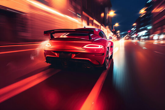  A Red Sports Car Driving Down A City Street At High Speed With Motion Blurry Behind It And A City Street At Night With Lights.  Generative Ai