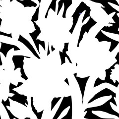 Monochrome floral seamless pattern with elegant flowers white silhouettes of daffodils on black background. Vector swatch for spring home textile, fabric, bedding, wallpaper, packaging. 