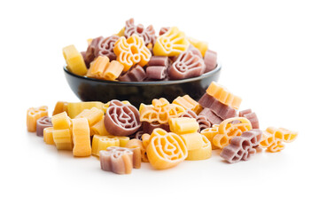 Pasta of various scary shapes. Uncooked halloween pasta isolated on white background.