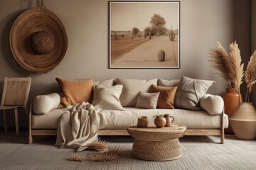 Illustration of warm toned living room interior wall mockup with beige linen couch, cushions, plaid, dried grass, woven basket table, and bohemian style décor on empty wall backdrop. Generative AI