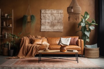 Bohemian living room shot vertically. Poster over eco leather couch. Couch with pillows and plaid. Plant decorated house. Generative AI