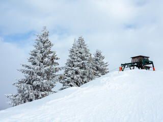 snowy fir tree and ski lift