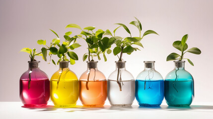 a row of round flasks filled with colorful water and plants