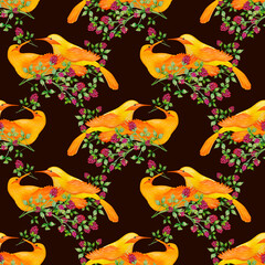 Seamless pattern with yellow birds on a dark brown background. Watercolor.