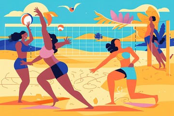 Fototapeta na wymiar a colorful minimalist illustration of people playing beach volleyball in summer. generative ai