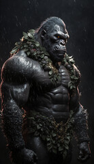 Brutal portrait of a muscular man gorilla, monkey, kin kong with a formidable look in the rain. Created using generative AI.