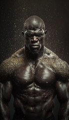 Fototapeta na wymiar A handsome dark man, a brutal picture of a muscular guy, a great warrior with a menacing look in the rain. Created by generative AI.