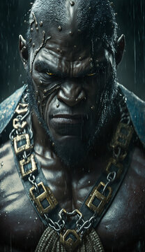 A handsome dark man, a brutal picture of a muscular guy, a great warrior with a menacing look in the rain. Created by generative AI.