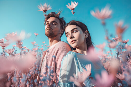 Generative Illustraition AI of a couple in their thirties with pink clothes in a field full of flowers in spring with the blue sky 