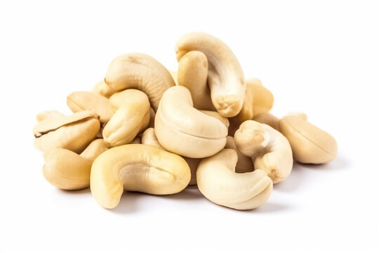 Heap of cashew nuts isolated on white background. Generative AI