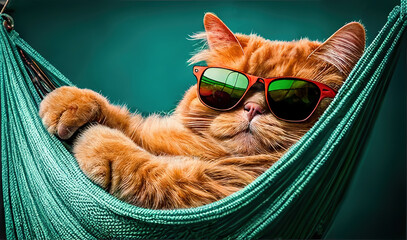 Cat in sunglasses relaxes on hammock, funny pet on vacation, generative AI