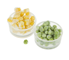 Two small glass cups with frozen corn and peas, png isolated on transparent background