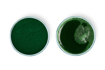 Spirulina powder. Spirulina diluted in water. Spirulina solution in a petri dish. Spirulina,...