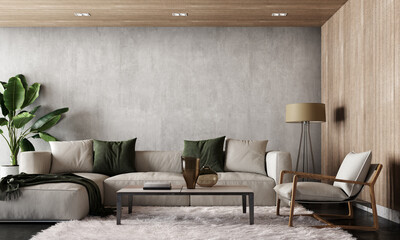 Modern interior design of living room with empty concrete wall background. 3D Rendering, 3D...