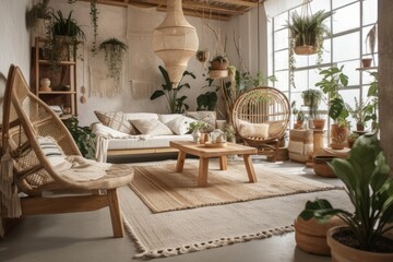 Fototapeta na wymiar Boho style rustic mezzanine living room. Sofa, rattan armchair, wooden side table. Jute carpet, potted plants. Bohemian decor,. Generative AI