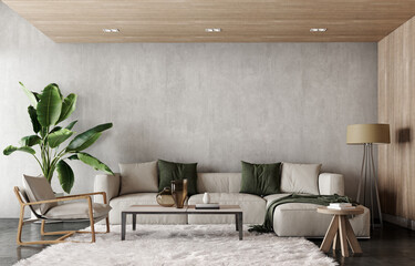 Modern interior design of living room with empty concrete wall background. 3D Rendering, 3D Illustration