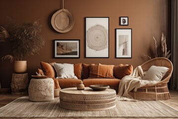 Brown colored boho living room. Generative AI