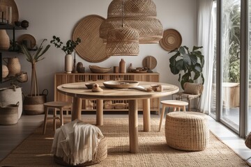 Boho chic dining room with circular family table, rattan chairs, design pendant light, carpet, décor, and personal accessories. Minimalist interiors. Template. Generative AI