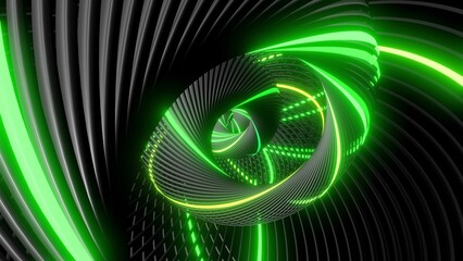 3d render. Abstract geometric bg with rings form complex twisted spiral and light effects. Rings flash neon green lights. Neon ring bulbs for show or events, festivals or concerts