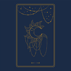 Tarot aesthetic golden card with crescent moon. Occult tarot design for oracle card covers. Vector illustration isolated in blue background